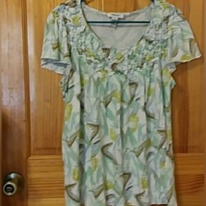 Style & Co Blouse Women's Size large Green White Blue Boho Floral woveCap Sleeve